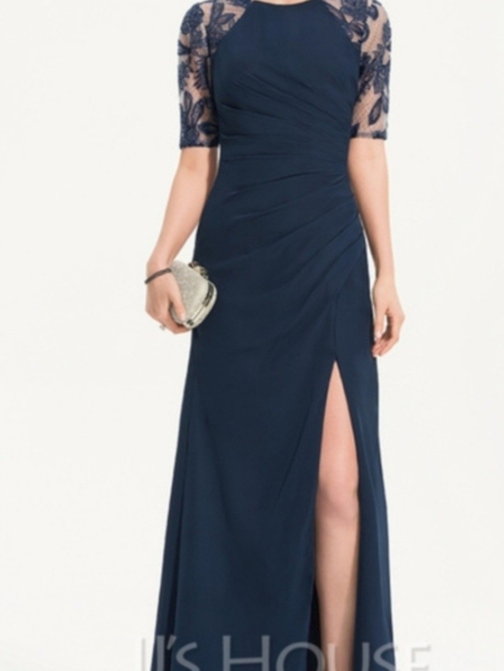 JJs House Navy Lace-Sleeve Evening Gown